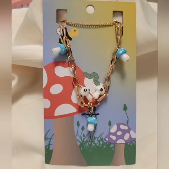 Blue & White Mushroom Multi Chain Necklace - Picture 3 of 3